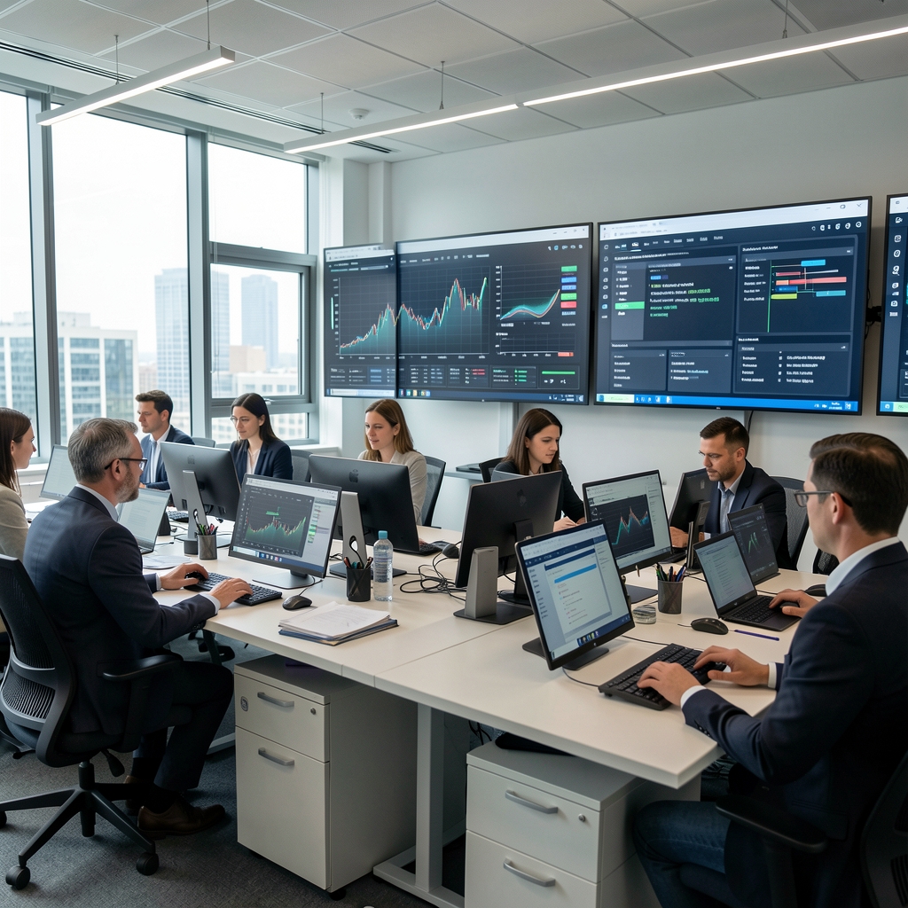 Modern newsroom with journalists working alongside AI-powered screens showing data analysis, automated news generation tools and editorial workflow software on large monitors