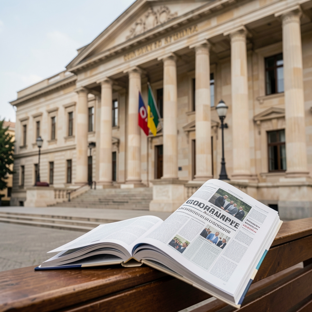 Симболична фотографија отворених новина на клупи испред зграде суда, слобода штампе и независно новинарство