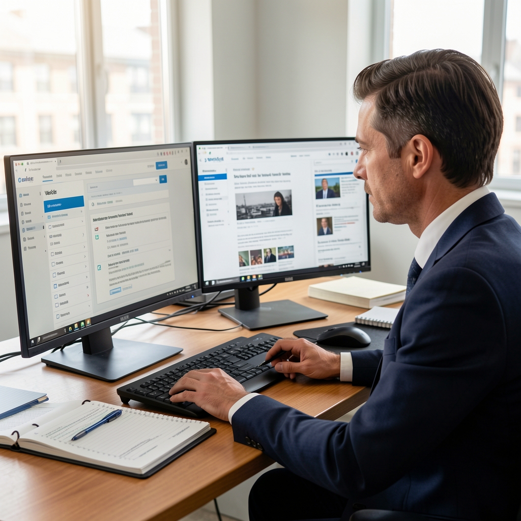 Journalist at desk with multiple computer screens showing fact-checking database, verified sources checklist, and news articles being analyzed, focused professional environment with notepads