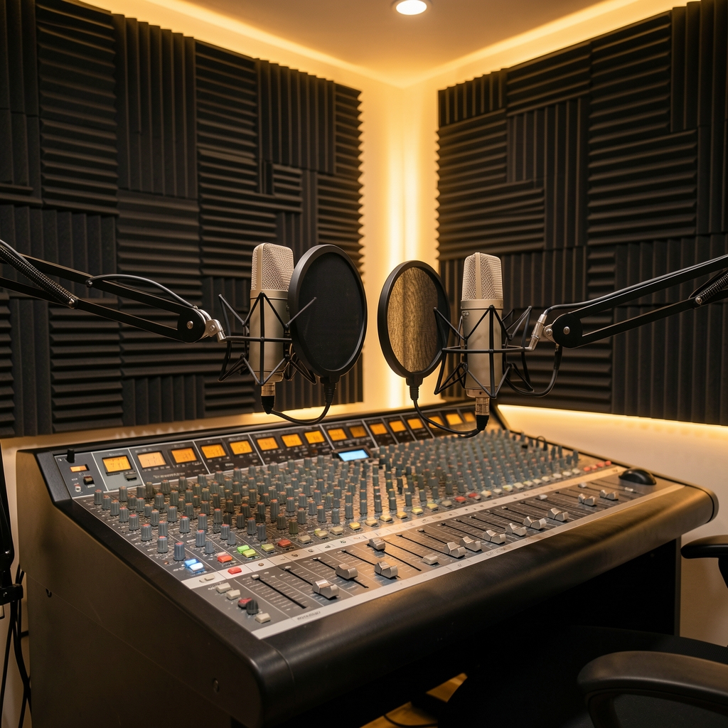 Professional podcast recording studio with high-quality condenser microphones, acoustic foam panels on walls, mixing board, and warm LED lighting creating an intimate recording atmosphere