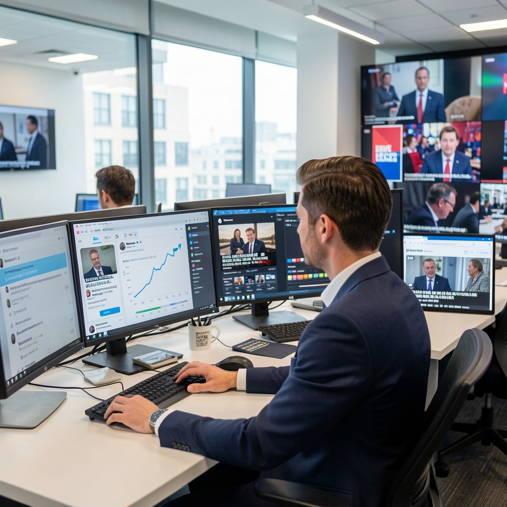 Journalist in a modern newsroom using multiple screens showing Twitter feed, Instagram analytics dashboard, and breaking news content, professional media environment